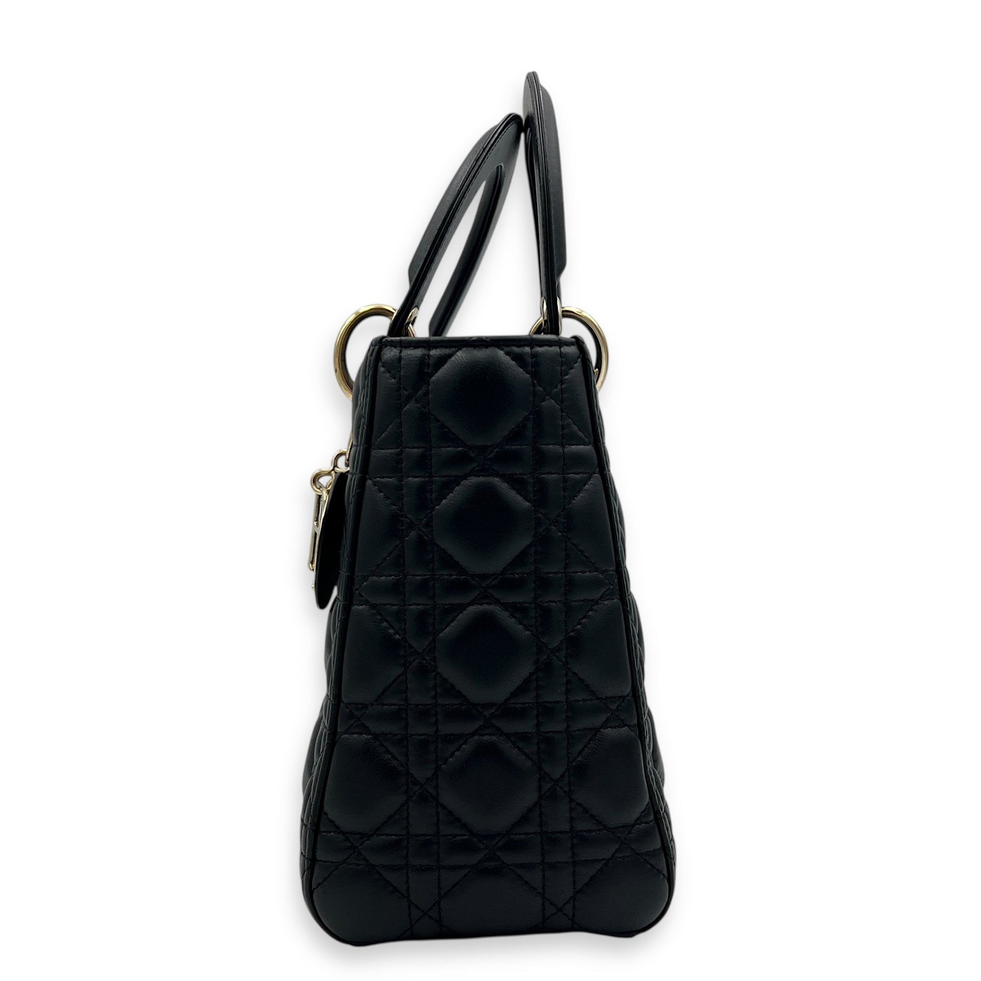 Lady Dior Medium Black Top Handle Bag in Lambskin, Gold hardware