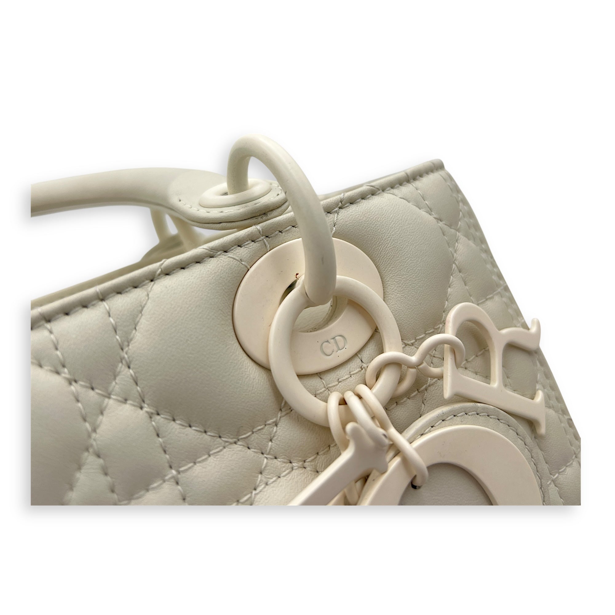 Lady Dior Medium White Top Handle Bag in Lambskin, White hardware