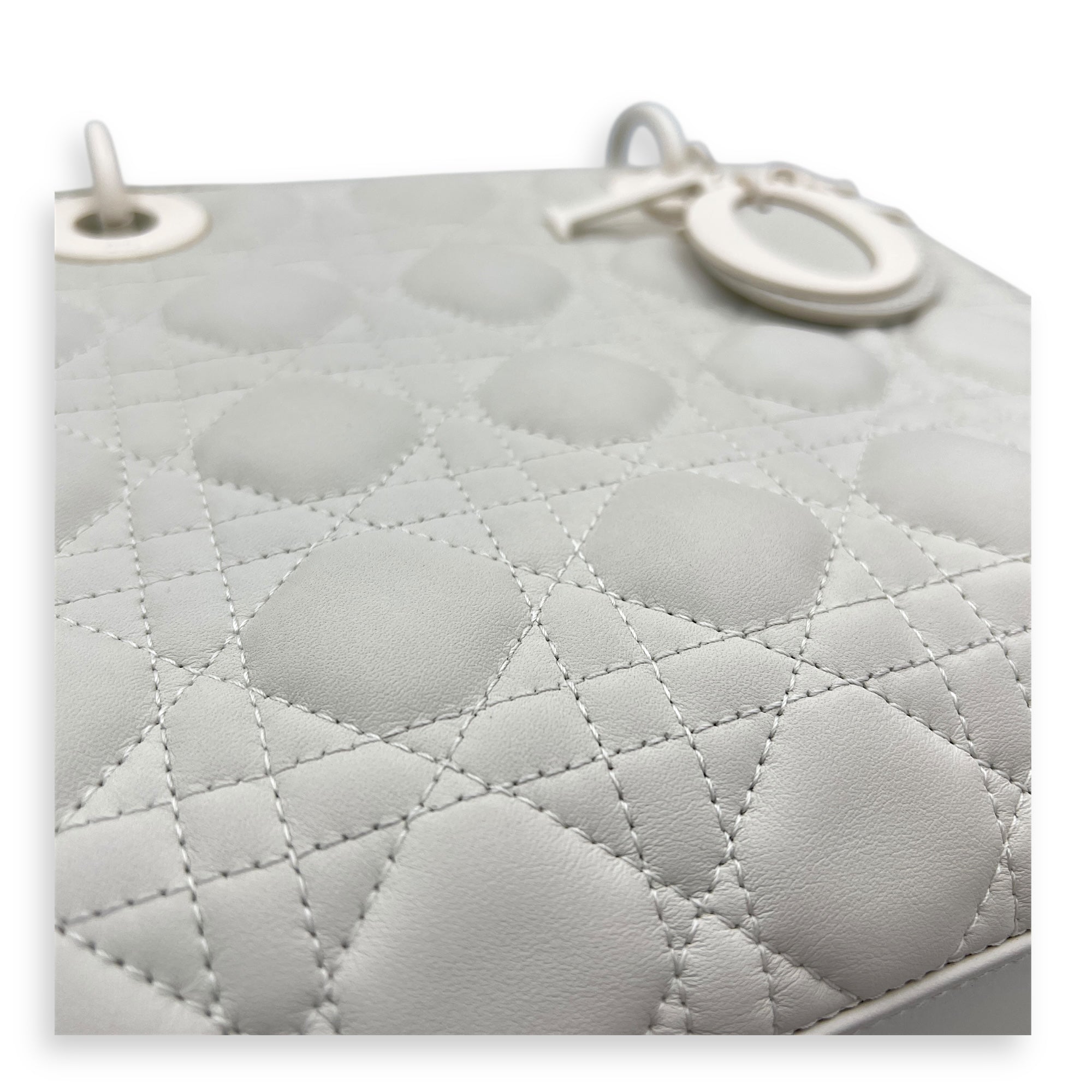 Lady Dior Medium White Top Handle Bag in Lambskin, White hardware
