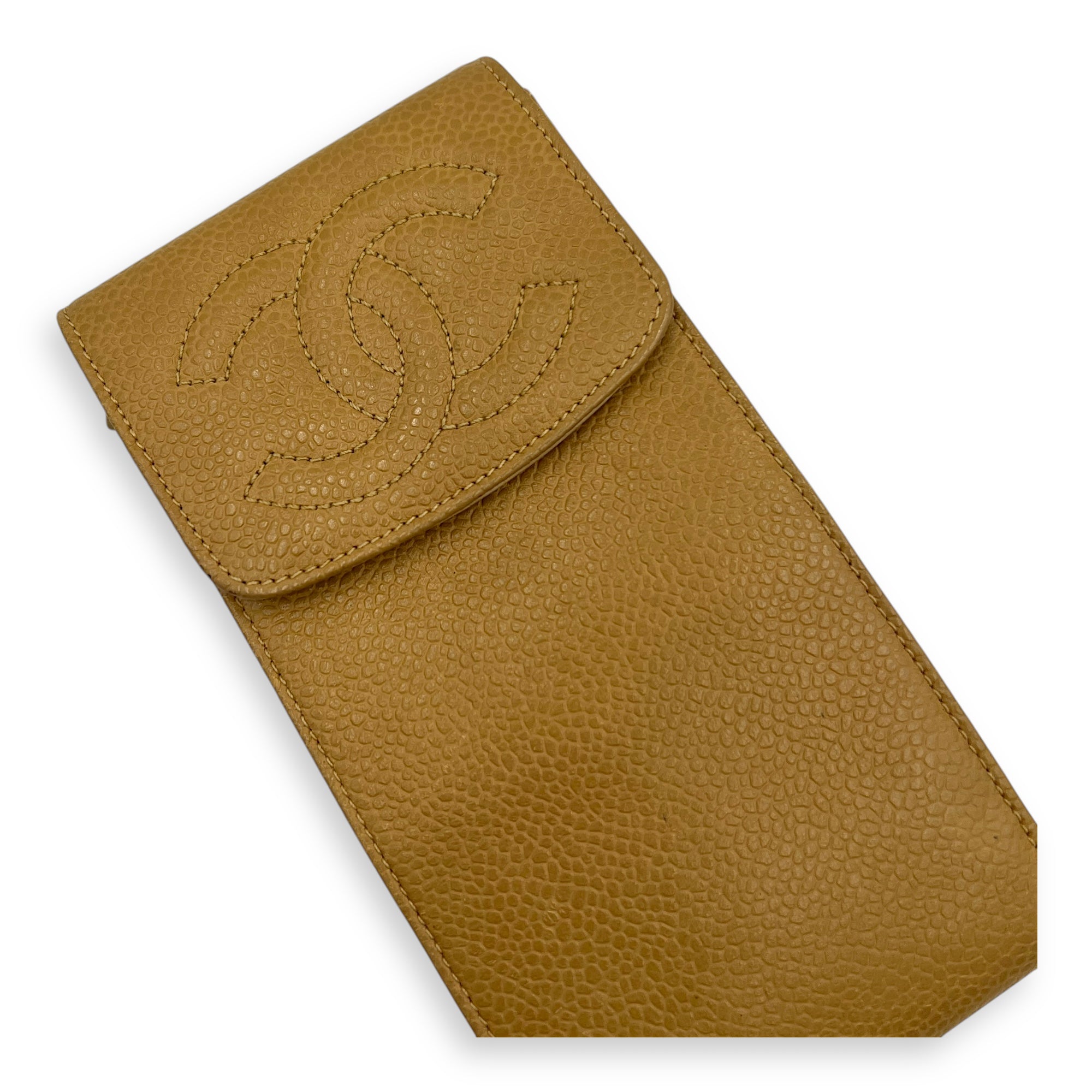 CC Vintage Phone Holder Beige Crossbody Bag in Caviar Leather, Gold hardware
