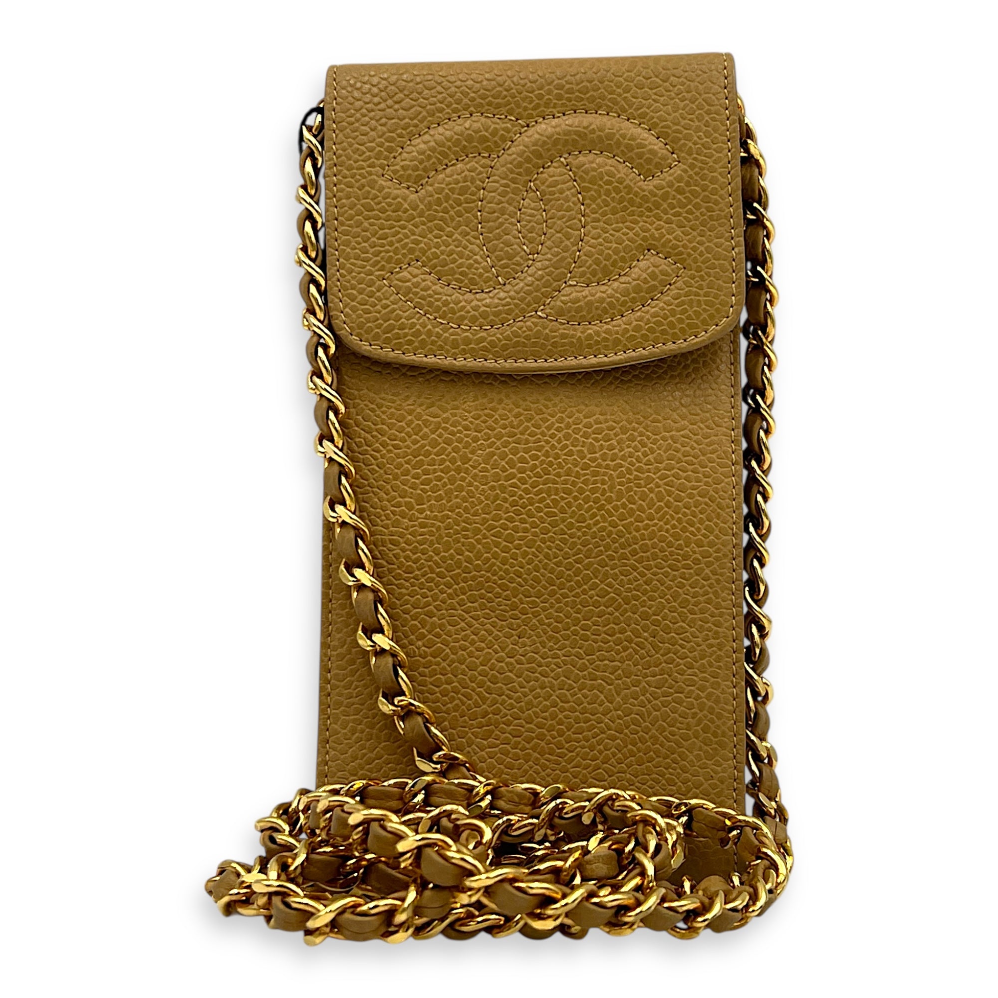 CC Vintage Phone Holder Beige Crossbody Bag in Caviar Leather, Gold hardware