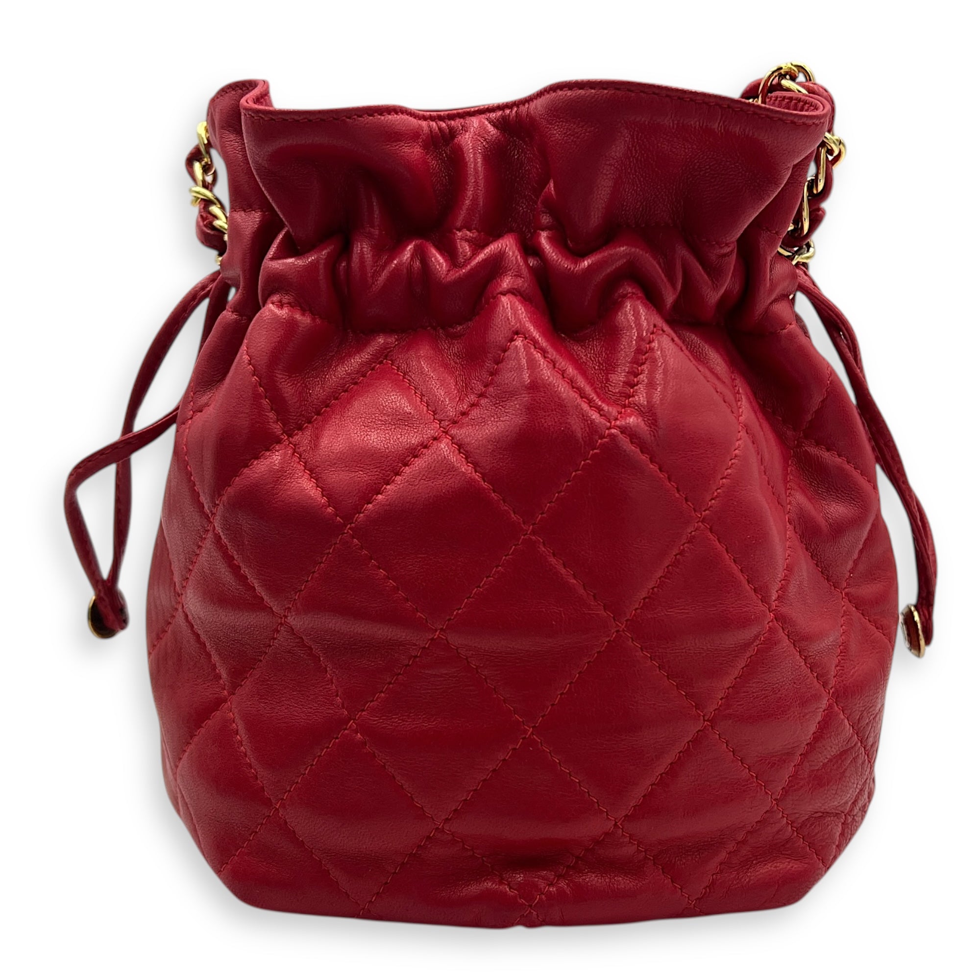 Quilted Drawstring Vintage Crossbody Bag Red in Lambskin, Gold hardware