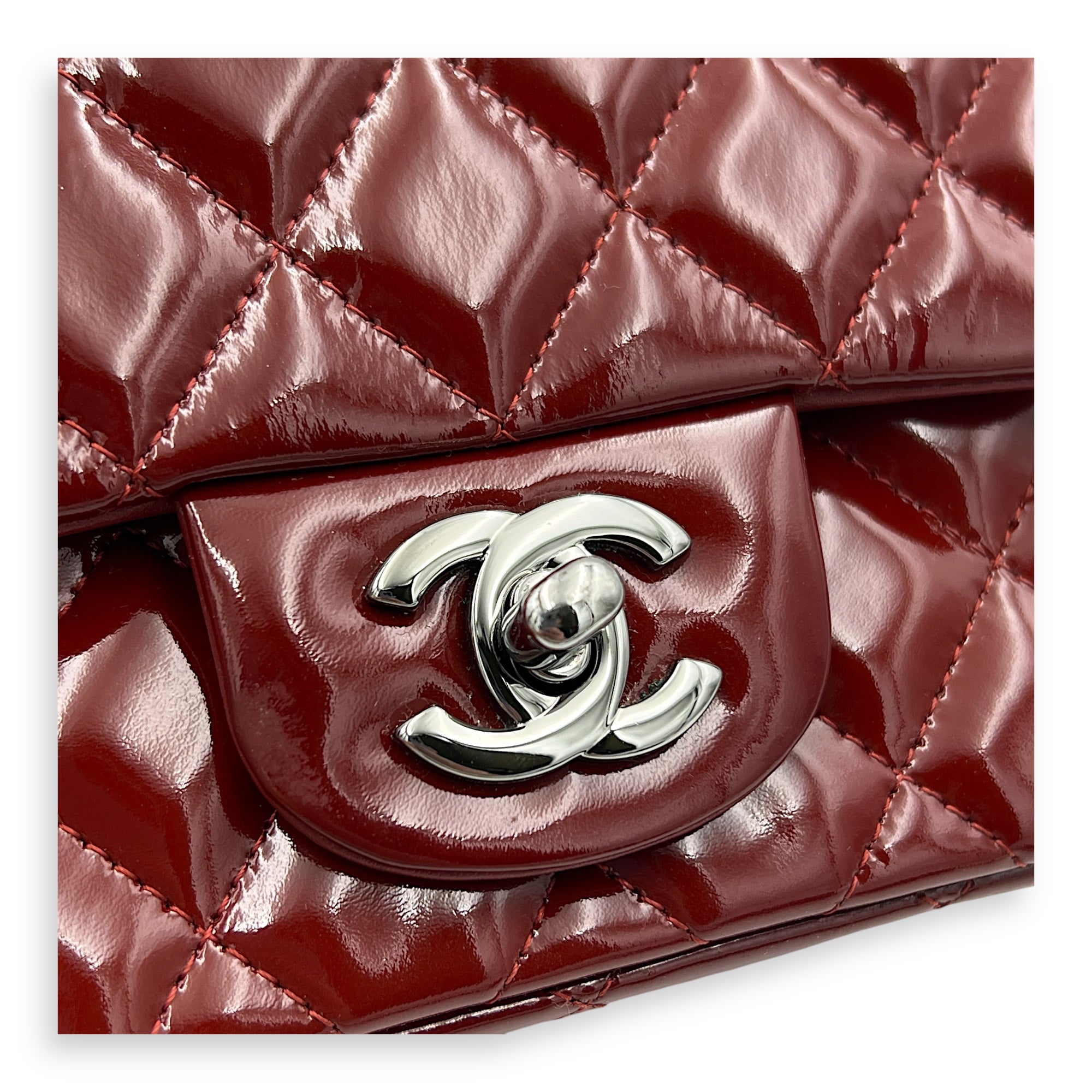Square Bag Top Handle Bag Mini Red in Patent Leather, Gunmetal hardware