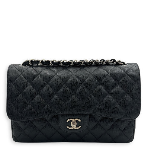 Classic Double Flap Jumbo Black Shoulder Bag in Caviar Leather, Silver hardware