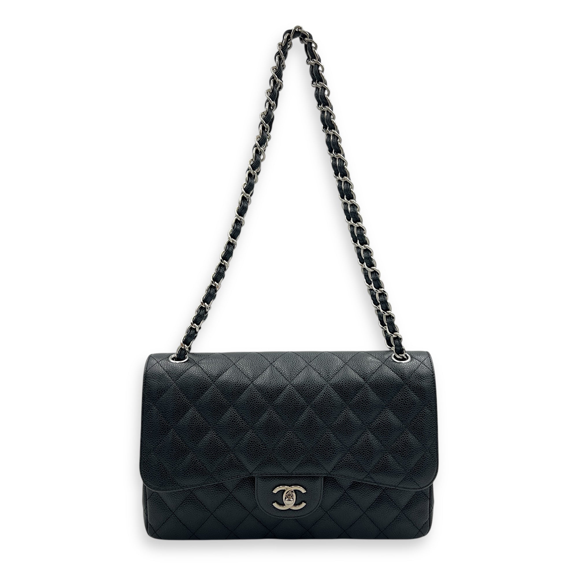 Classic Double Flap Jumbo Black Shoulder Bag in Caviar Leather, Silver hardware