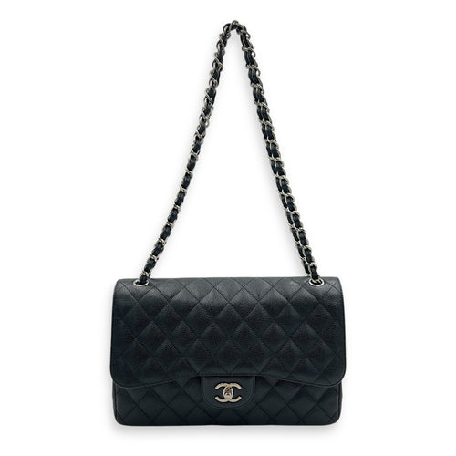 Classic Double Flap Jumbo Black Shoulder Bag in Caviar Leather, Silver hardware