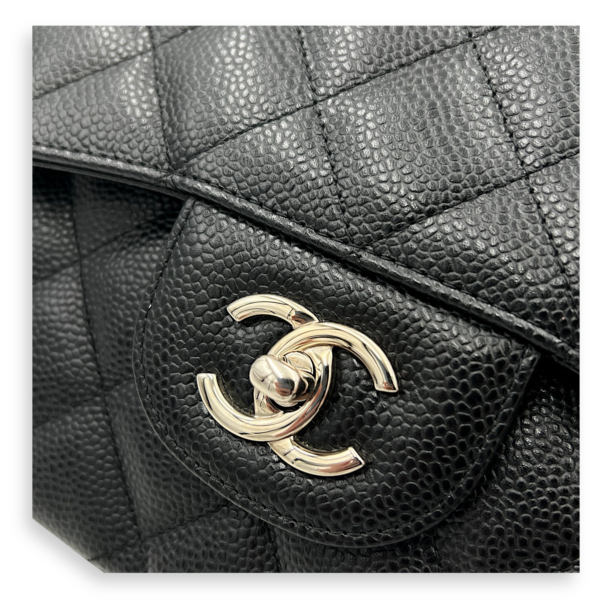 Classic Double Flap Jumbo Black Shoulder Bag in Caviar Leather, Silver hardware