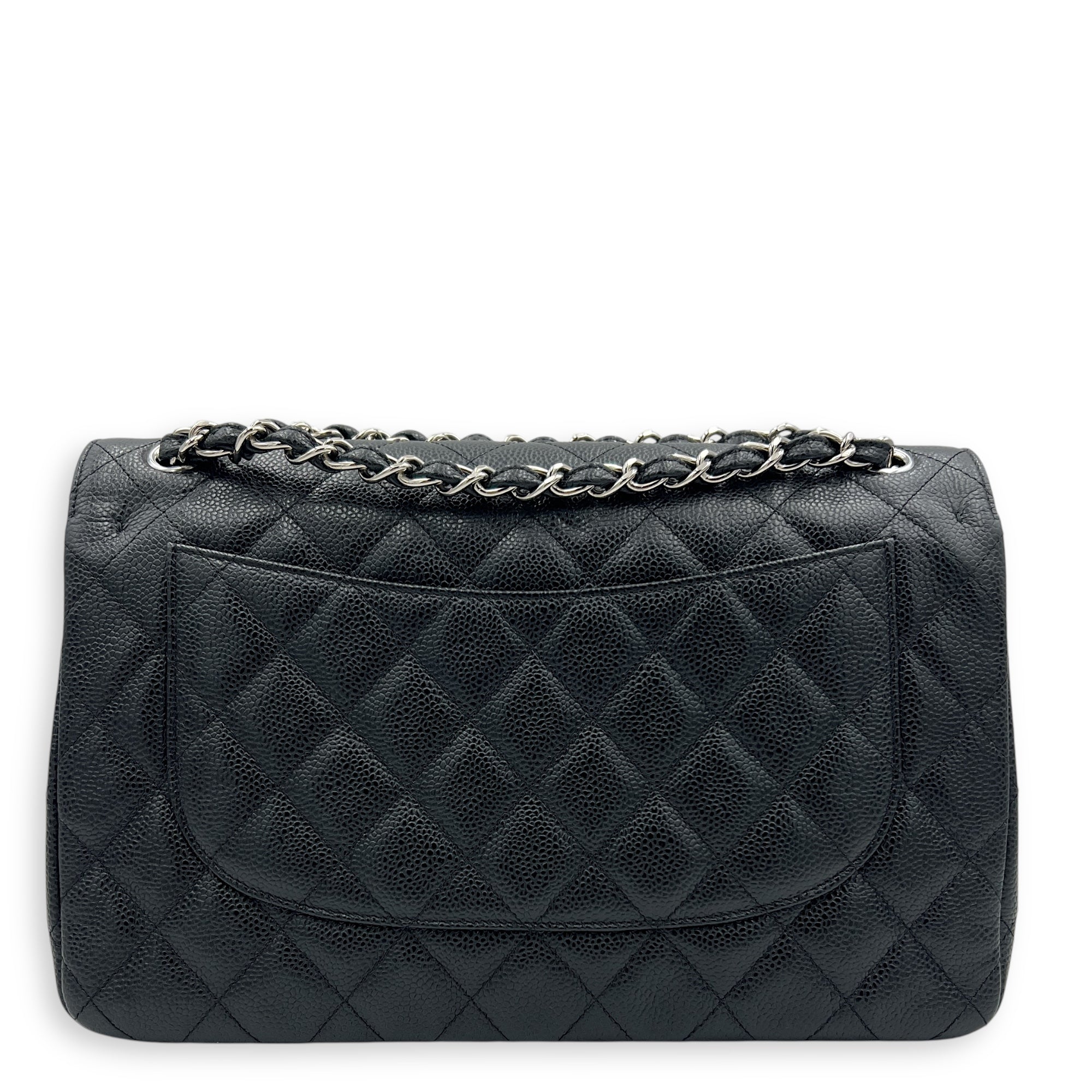 Classic Double Flap Jumbo Black Shoulder Bag in Caviar Leather, Silver hardware