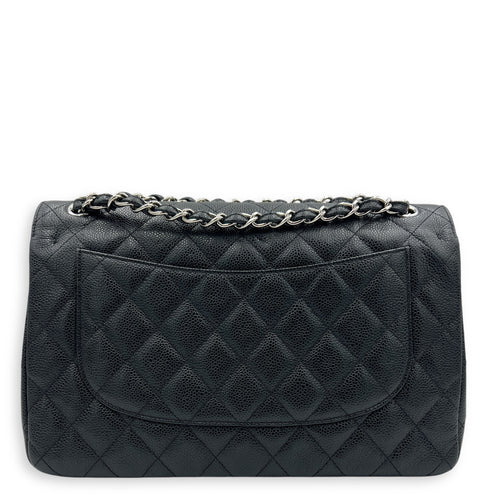 Classic Double Flap Jumbo Black Shoulder Bag in Caviar Leather, Silver hardware