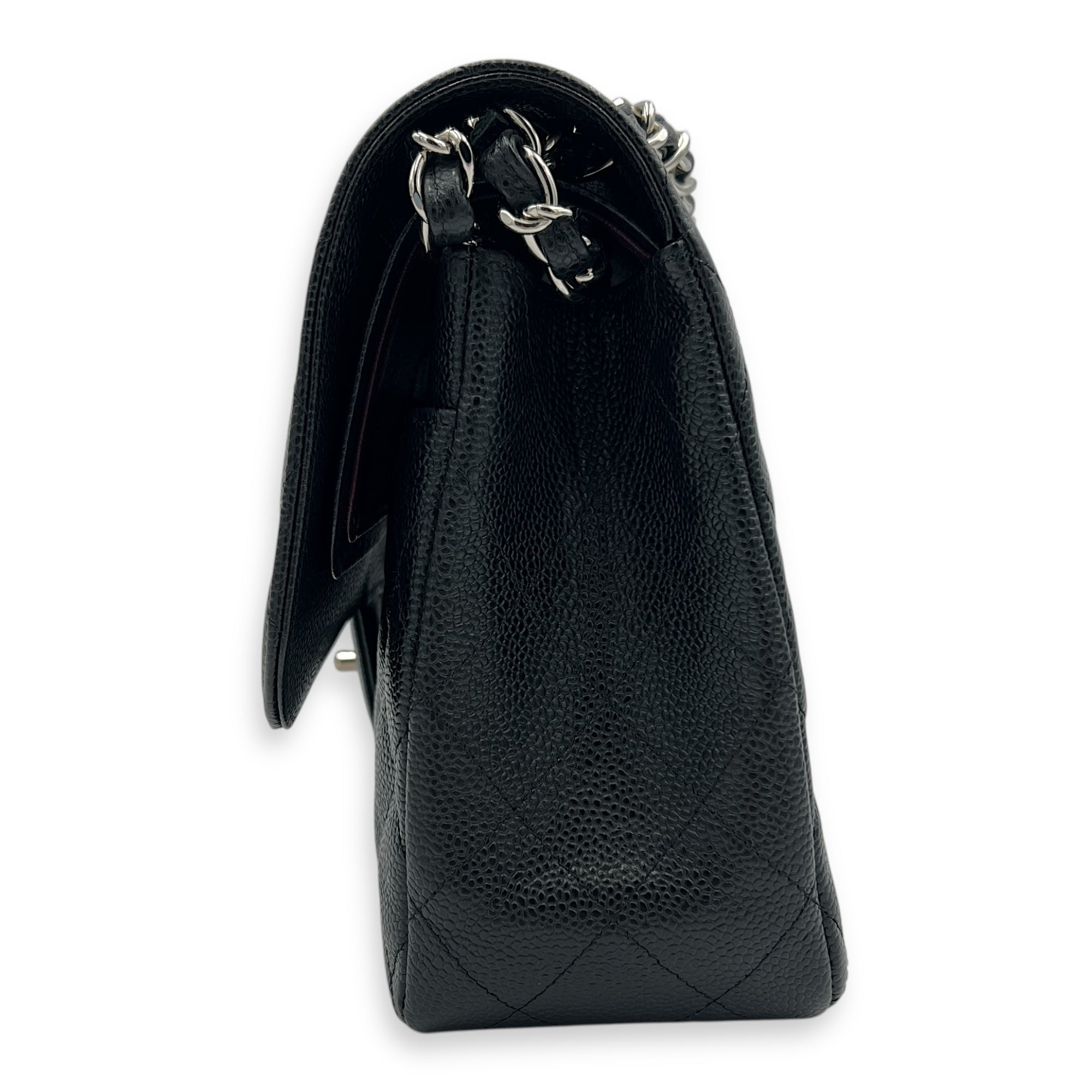 Classic Double Flap Jumbo Black Shoulder Bag in Caviar Leather, Silver hardware