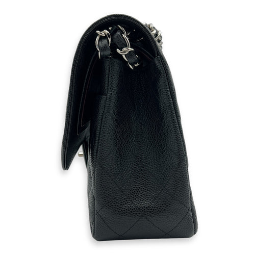 Classic Double Flap Jumbo Black Shoulder Bag in Caviar Leather, Silver hardware