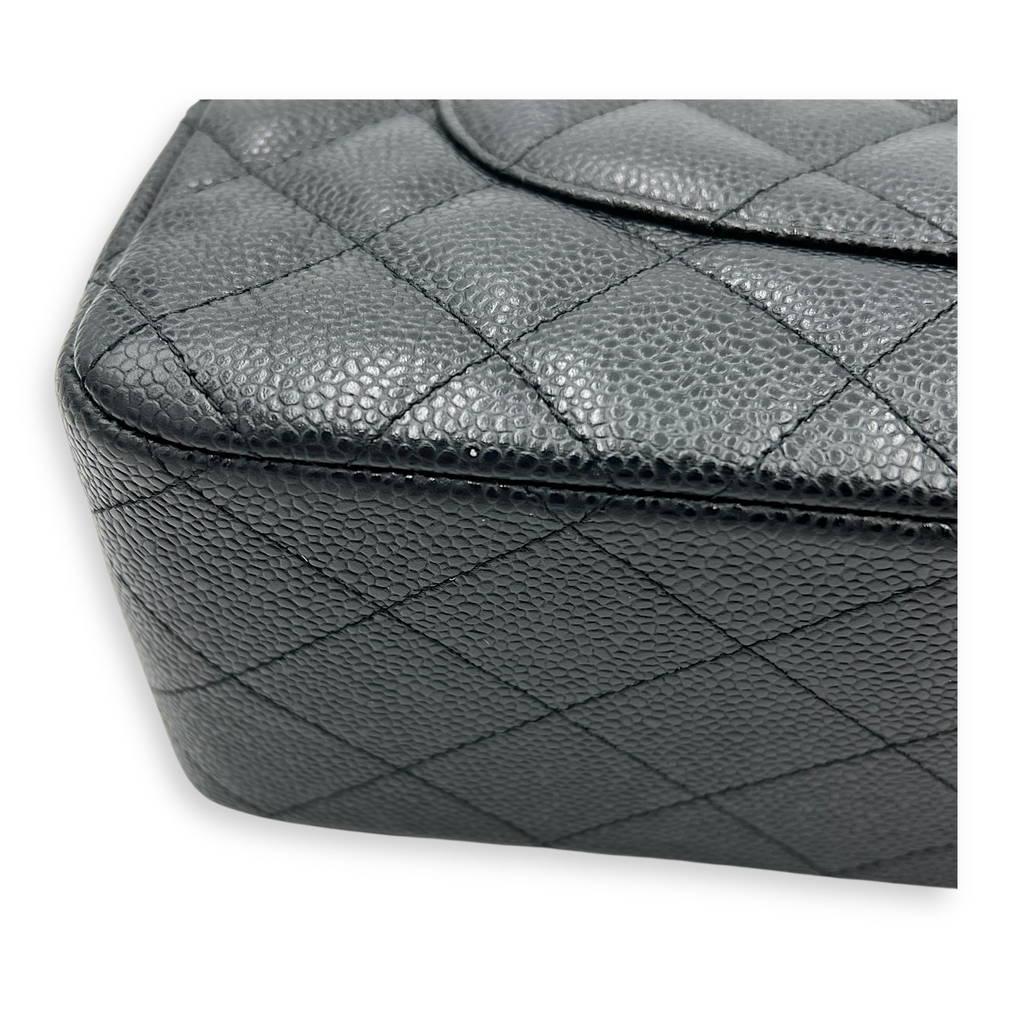 Classic Double Flap Jumbo Black Shoulder Bag in Caviar Leather, Silver hardware