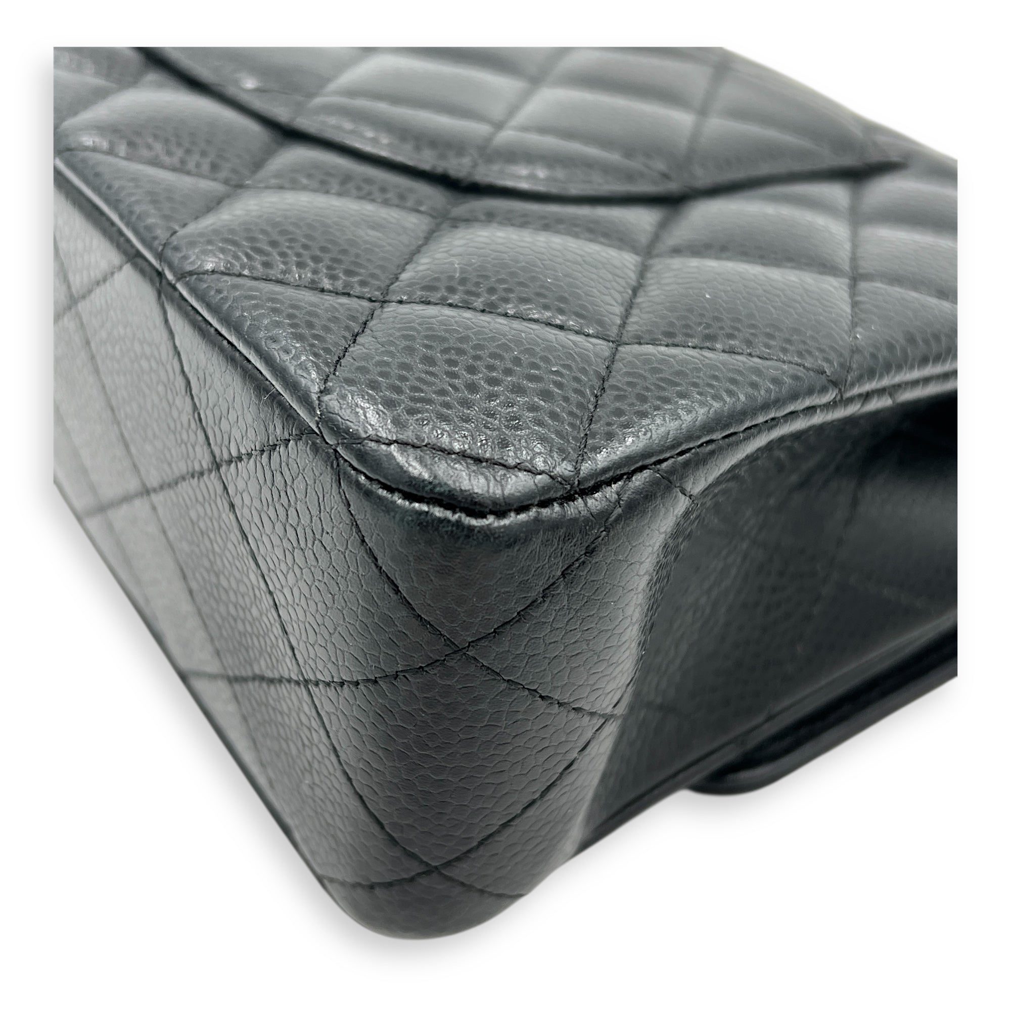 Classic Double Flap Jumbo Black Shoulder Bag in Caviar Leather, Silver hardware