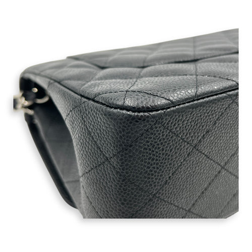 Classic Double Flap Jumbo Black Shoulder Bag in Caviar Leather, Silver hardware