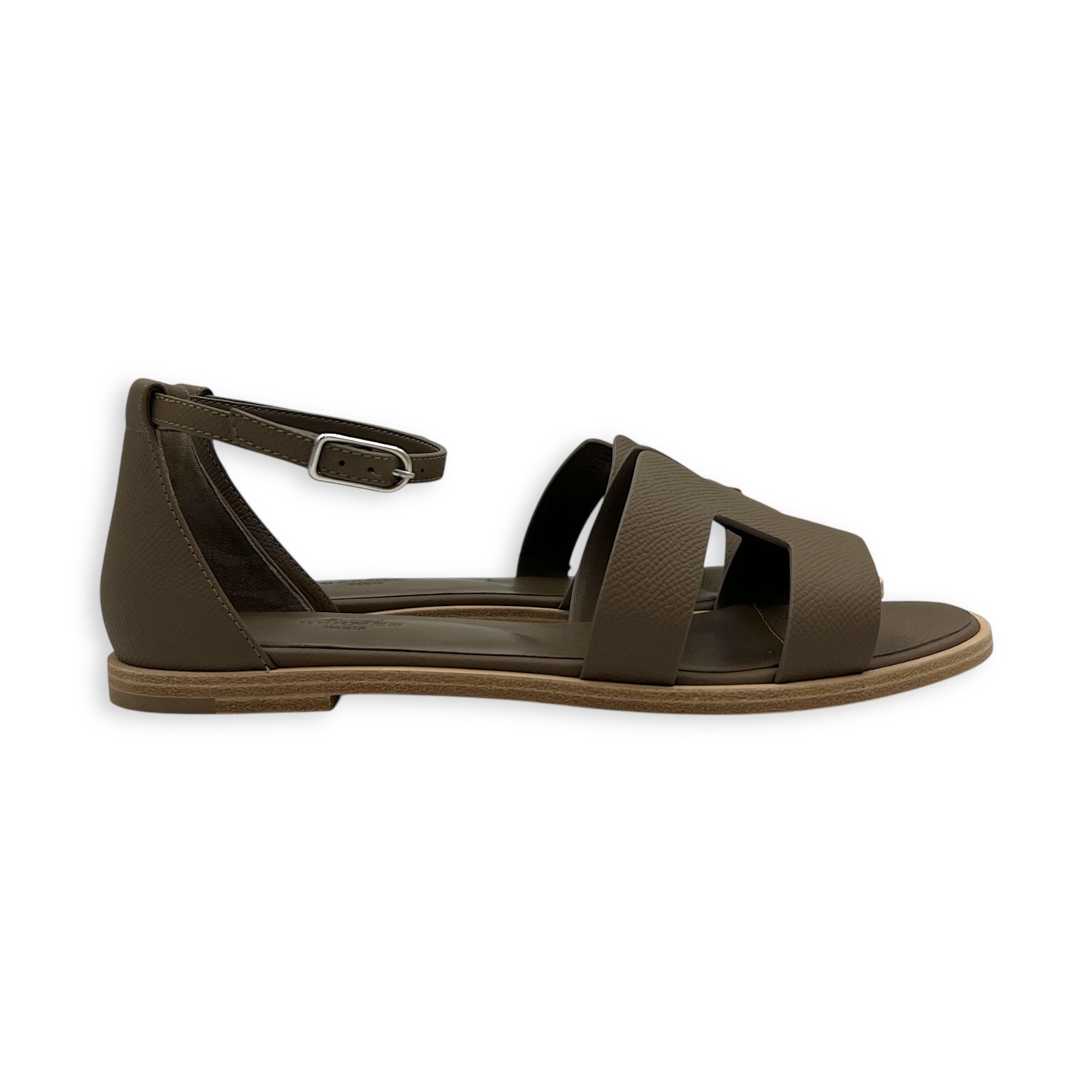 Santorini 38.5Eur Etoupe Sandals in Epsom, Palladium hardware