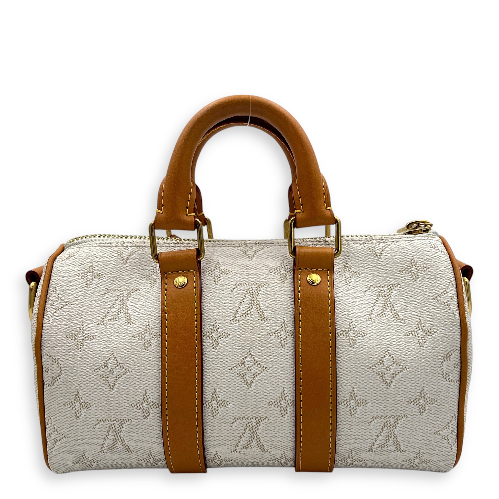 Heritage Keepall 25 Beige Top Handle Bag in Coated Canvas, Gold hardware