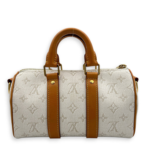 Heritage Keepall 25 Beige Top Handle Bag in Coated Canvas, Gold hardware