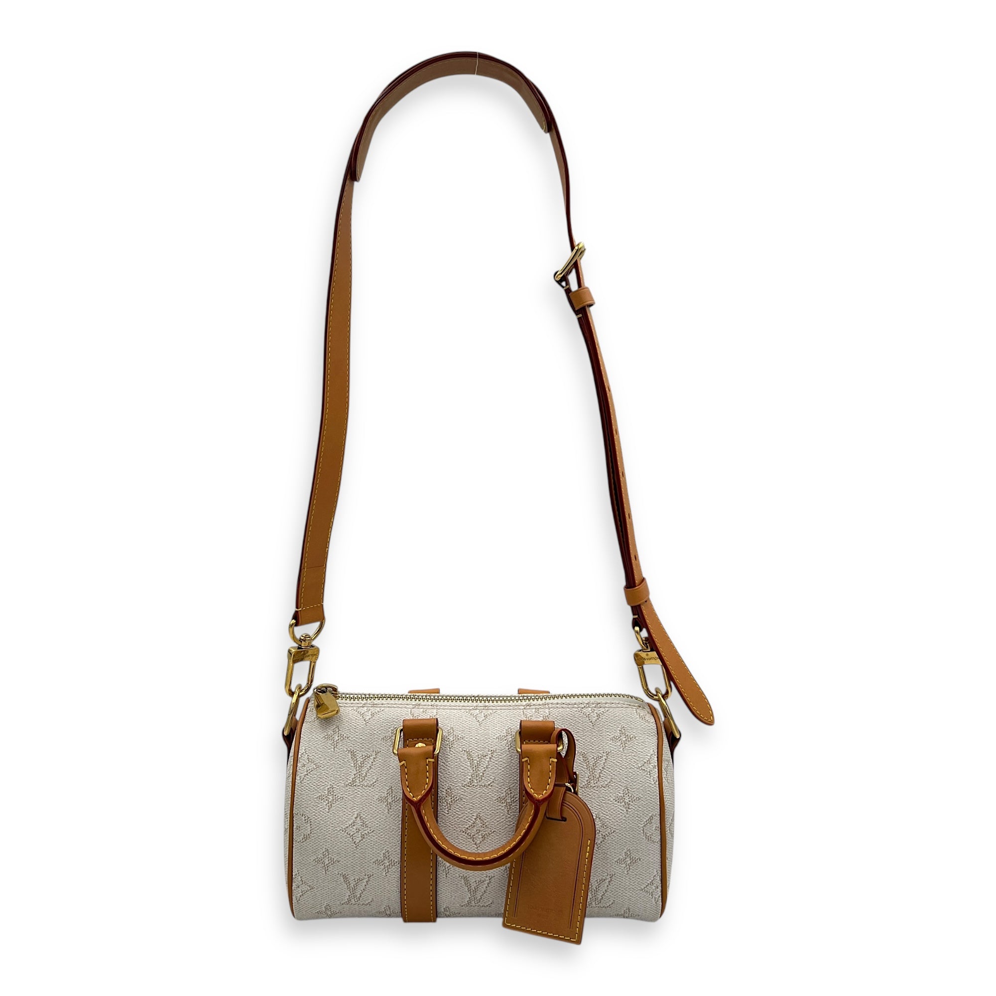 Heritage Keepall 25 Beige Top Handle Bag in Coated Canvas, Gold hardware