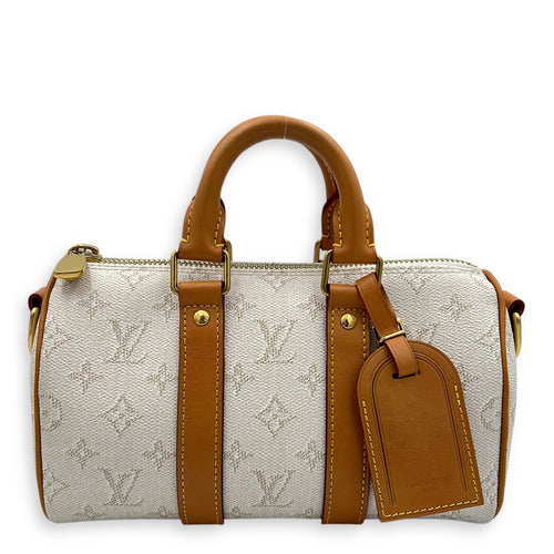 Heritage Keepall 25 Beige Top Handle Bag in Coated Canvas, Gold hardware