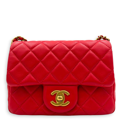 Mini Square Pearl Crush Shoulder Bag Red in Lambskin, Gold hardware