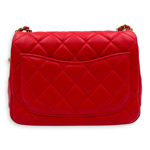 Mini Square Pearl Crush Shoulder Bag Red in Lambskin, Gold hardware