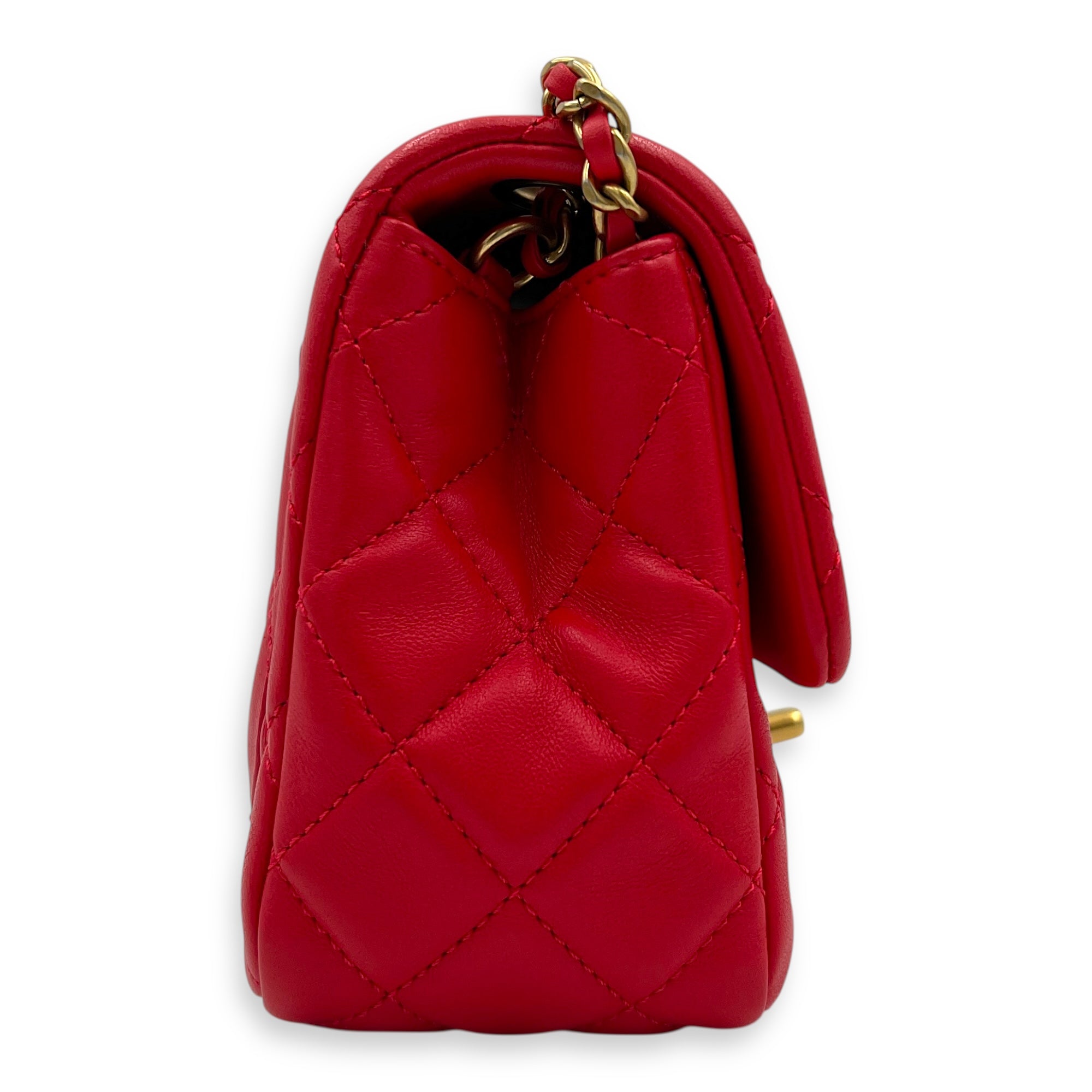 Mini Square Pearl Crush Shoulder Bag Red in Lambskin, Gold hardware