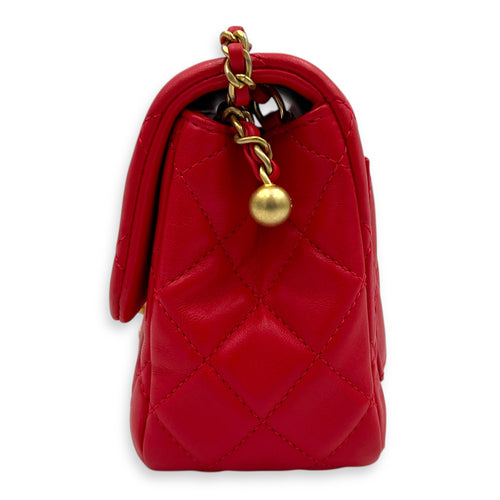 Mini Square Pearl Crush Shoulder Bag Red in Lambskin, Gold hardware