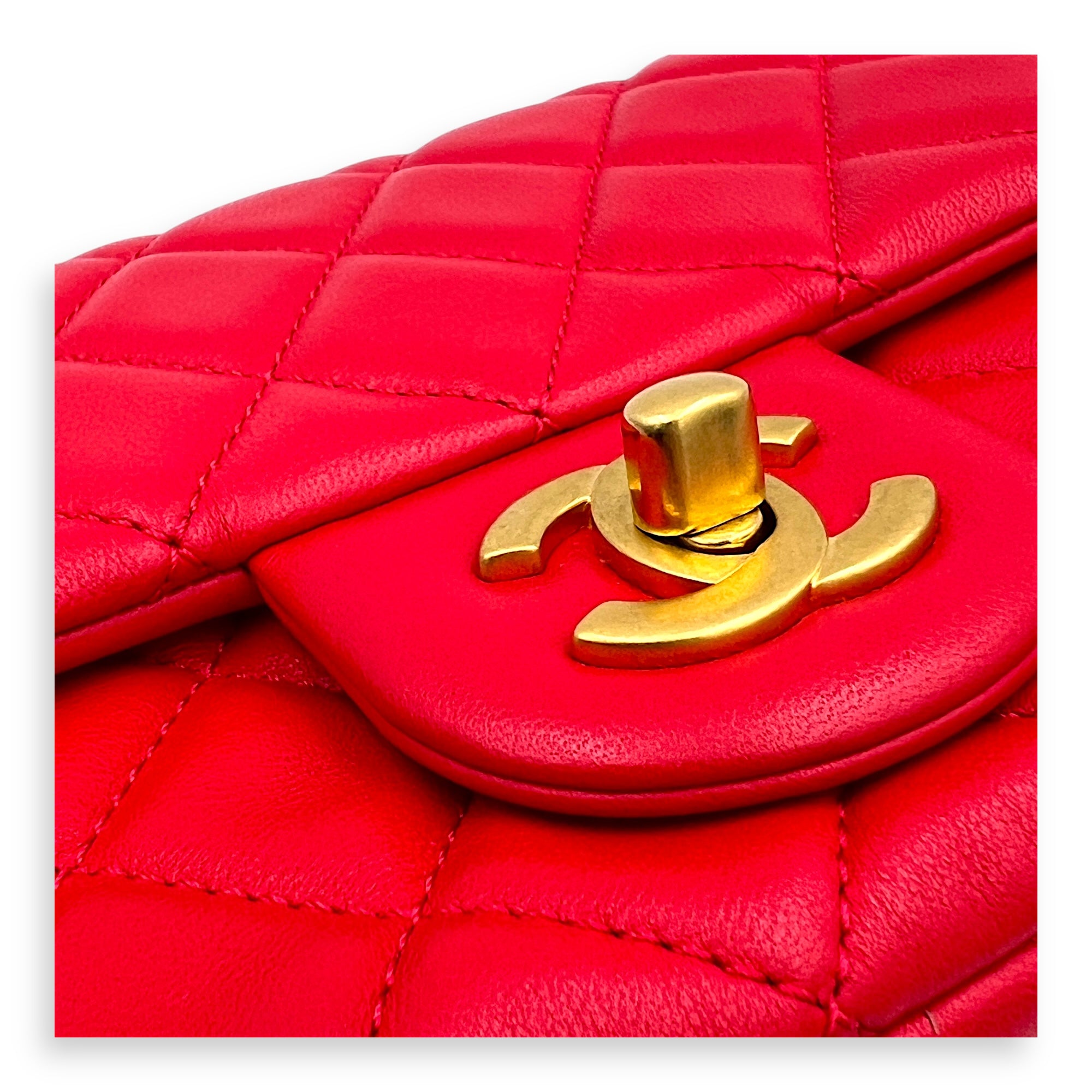 Mini Square Pearl Crush Shoulder Bag Red in Lambskin, Gold hardware