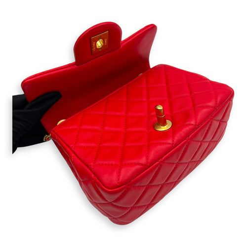 Mini Square Pearl Crush Shoulder Bag Red in Lambskin, Gold hardware