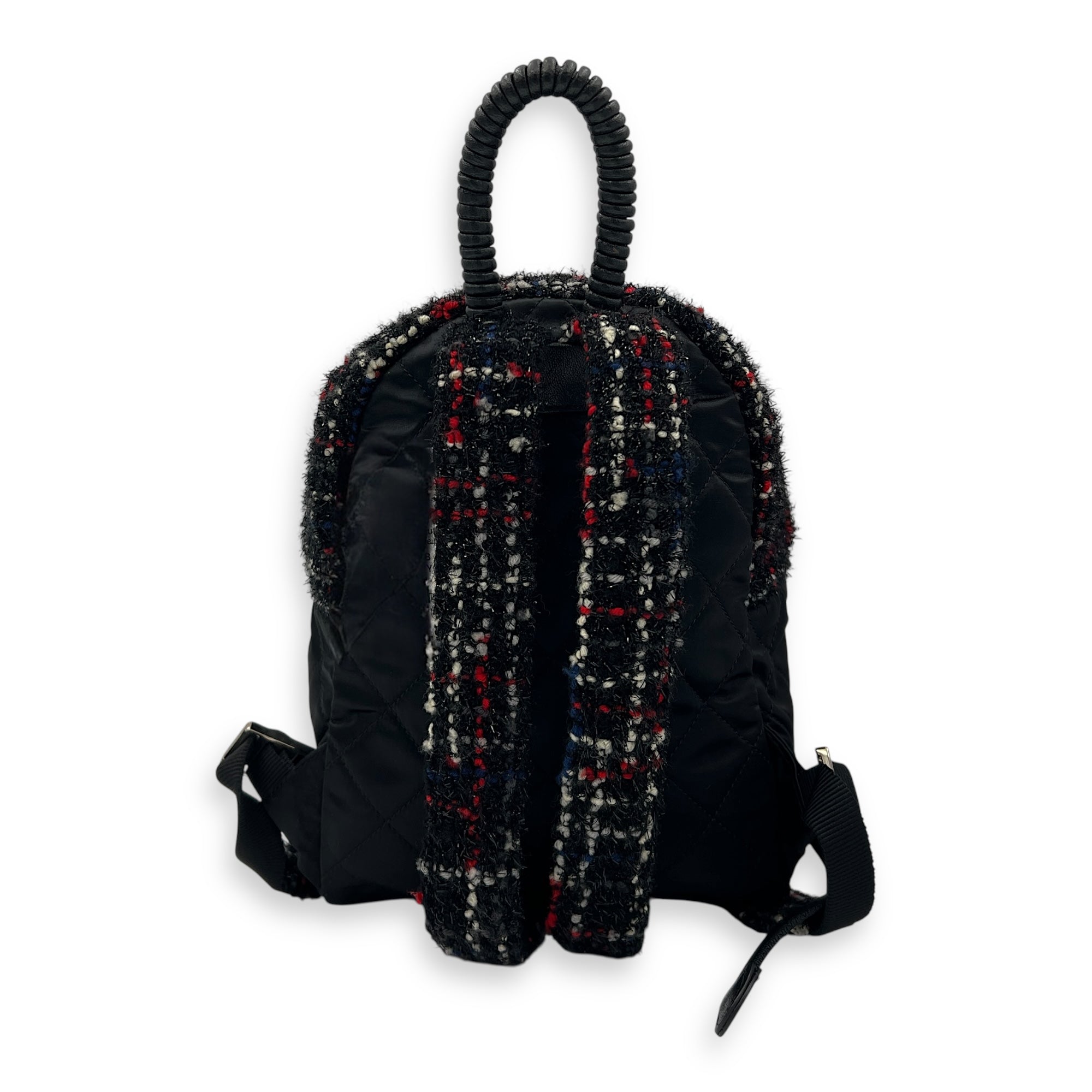 Astronaut Essentials Black Backpack in Tweed, Silver hardware