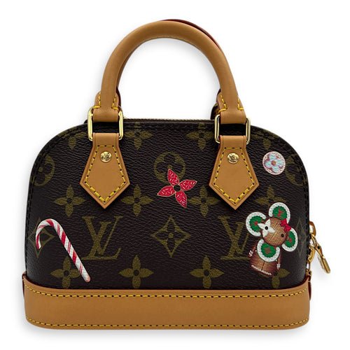 Candy Factory Alma Nano Brown Top Handle Bag in Monogram Coated Canvas, Gold hardware