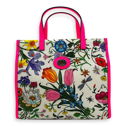 Floral Top Handle Bag White in Canvas, Gold hardware