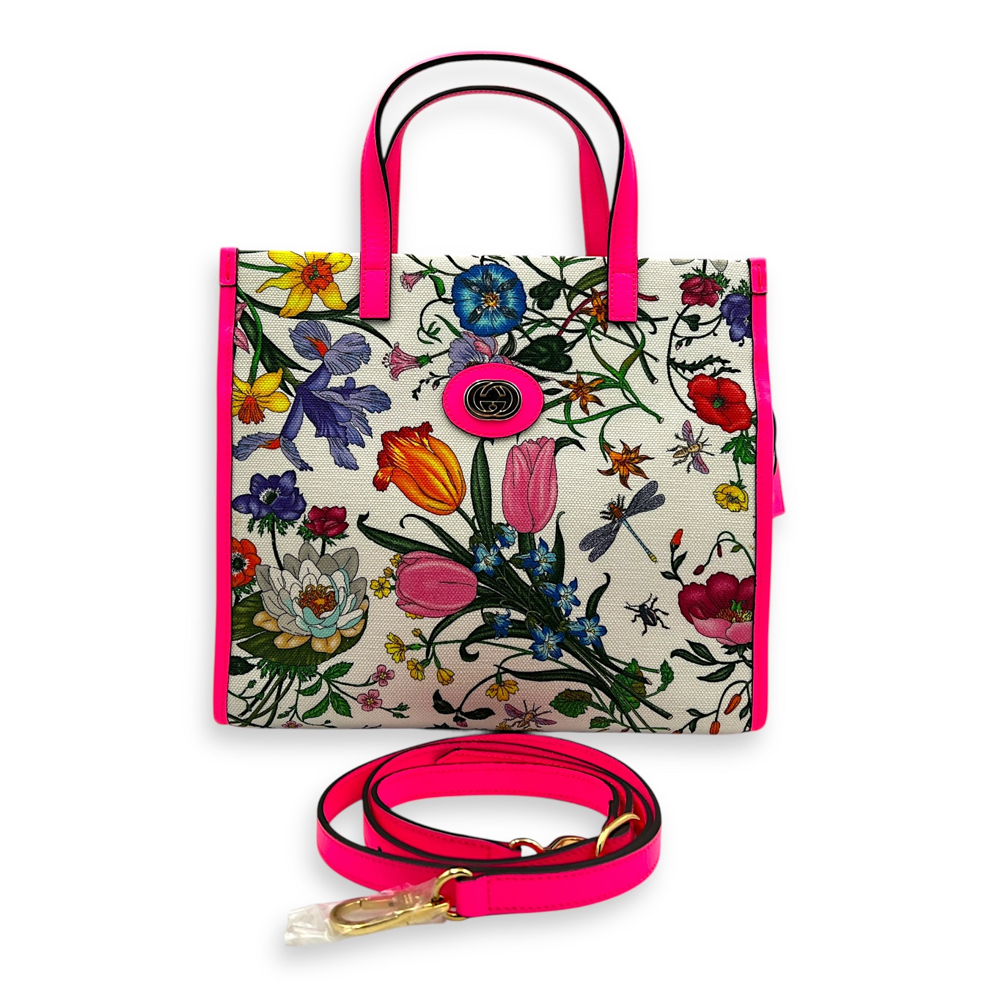 Floral Top Handle Bag White in Canvas, Gold hardware