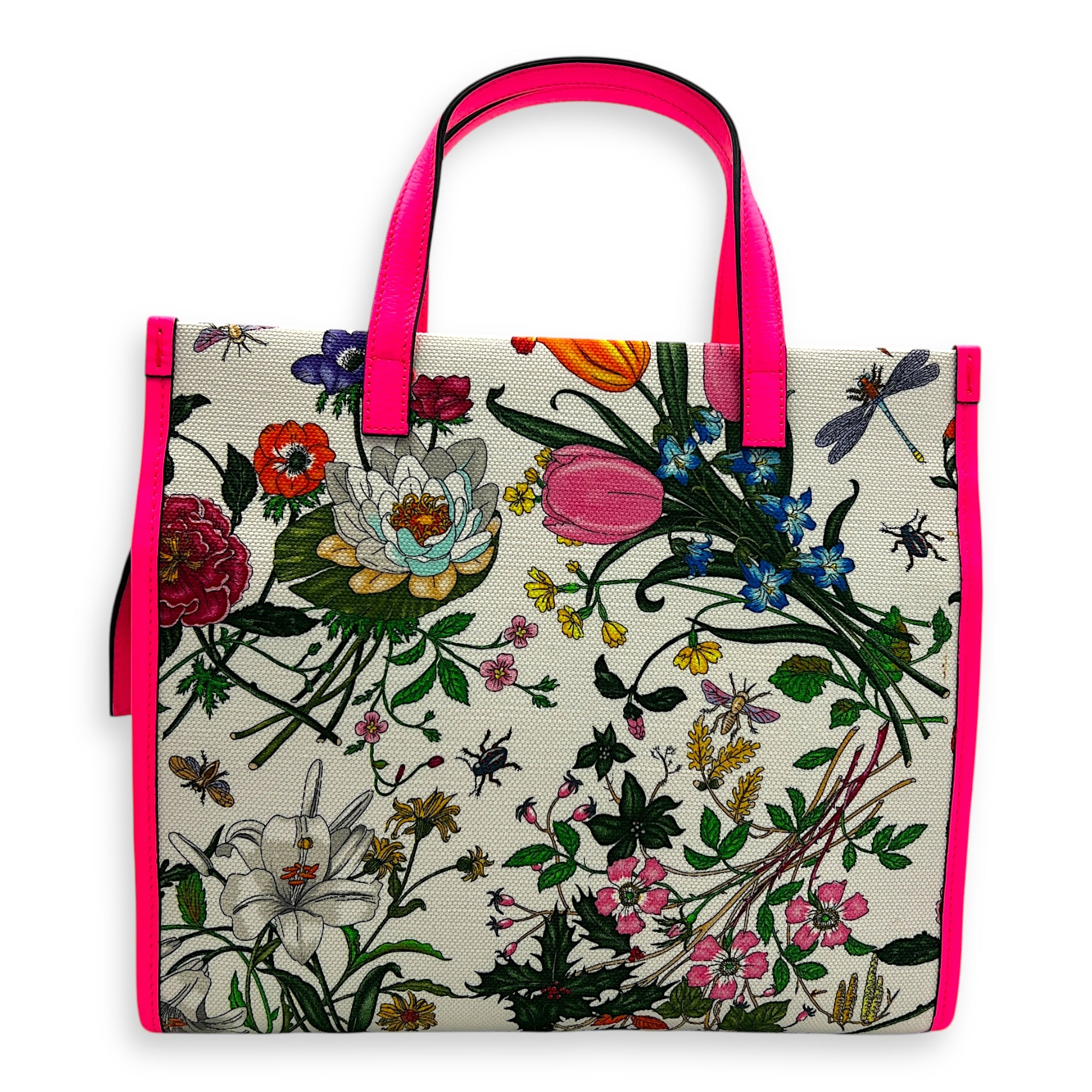 Floral Top Handle Bag White in Canvas, Gold hardware