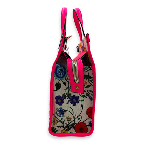 Floral Top Handle Bag White in Canvas, Gold hardware