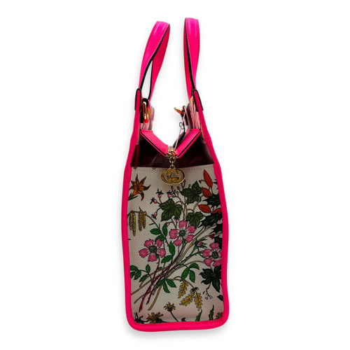Floral Top Handle Bag White in Canvas, Gold hardware