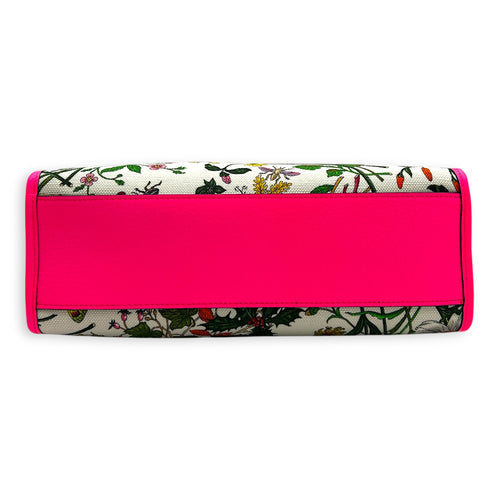 Floral Top Handle Bag White in Canvas, Gold hardware