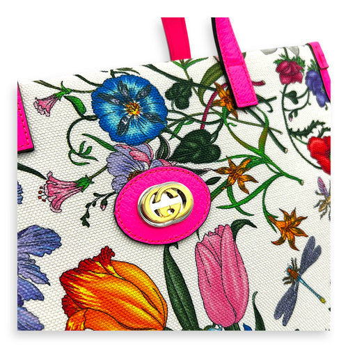 Floral Top Handle Bag White in Canvas, Gold hardware