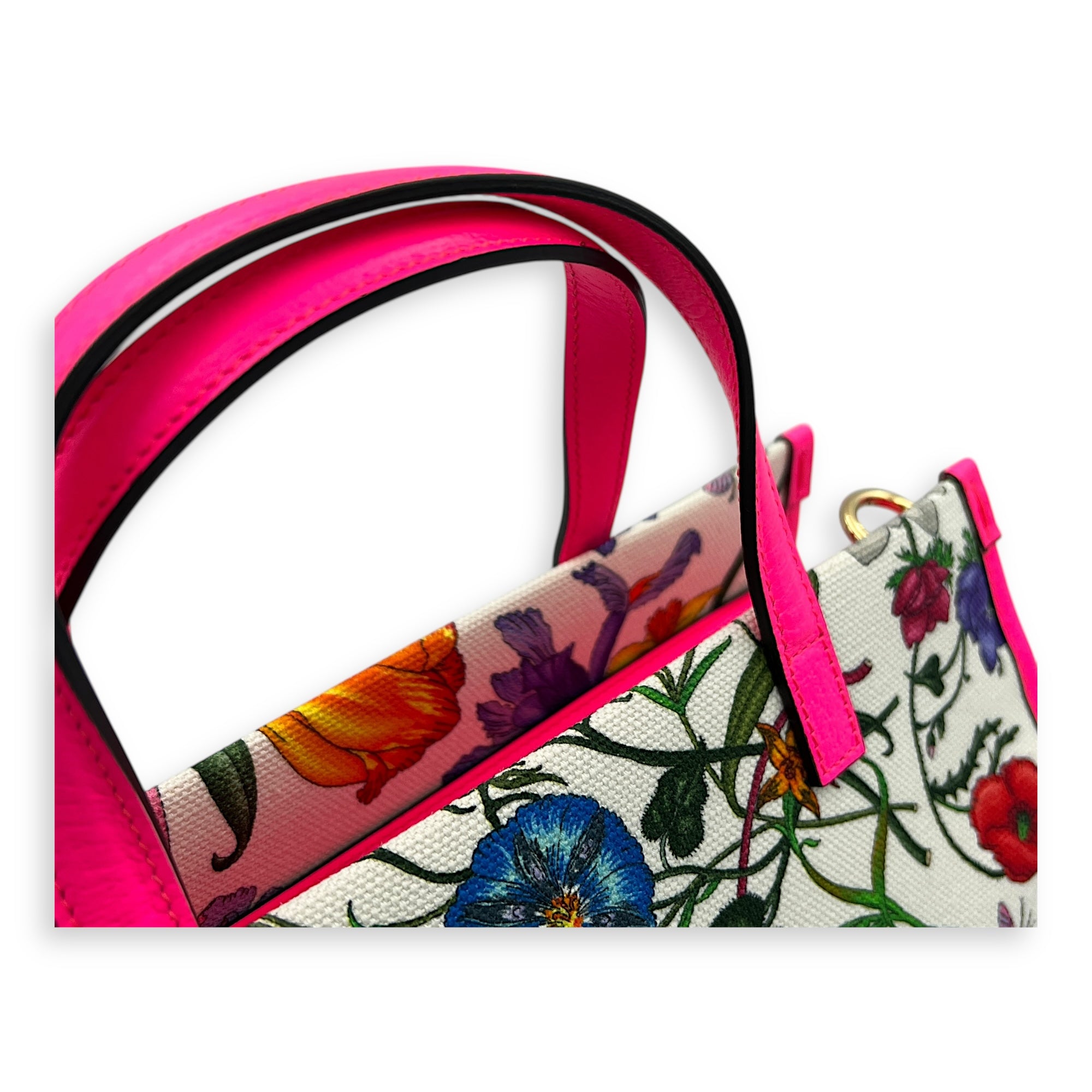 Floral Top Handle Bag White in Canvas, Gold hardware