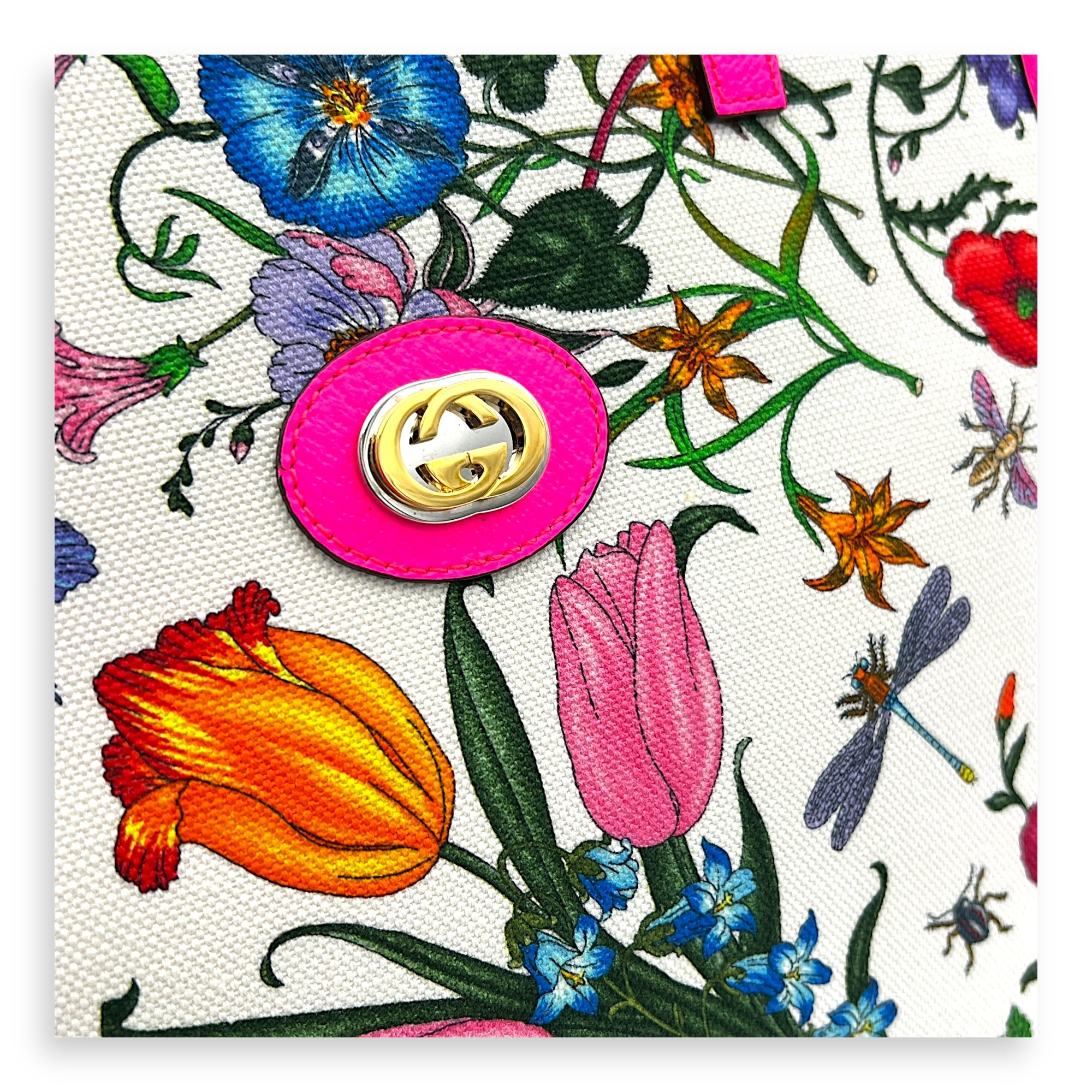 Floral Top Handle Bag White in Canvas, Gold hardware