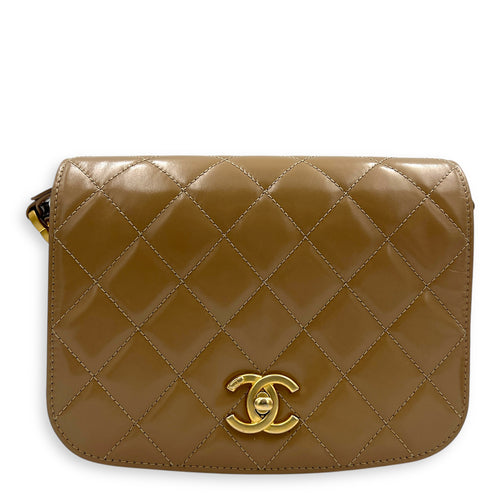 CC Brown Crossbody Bag in Shiny Calfskin, Gold hardware