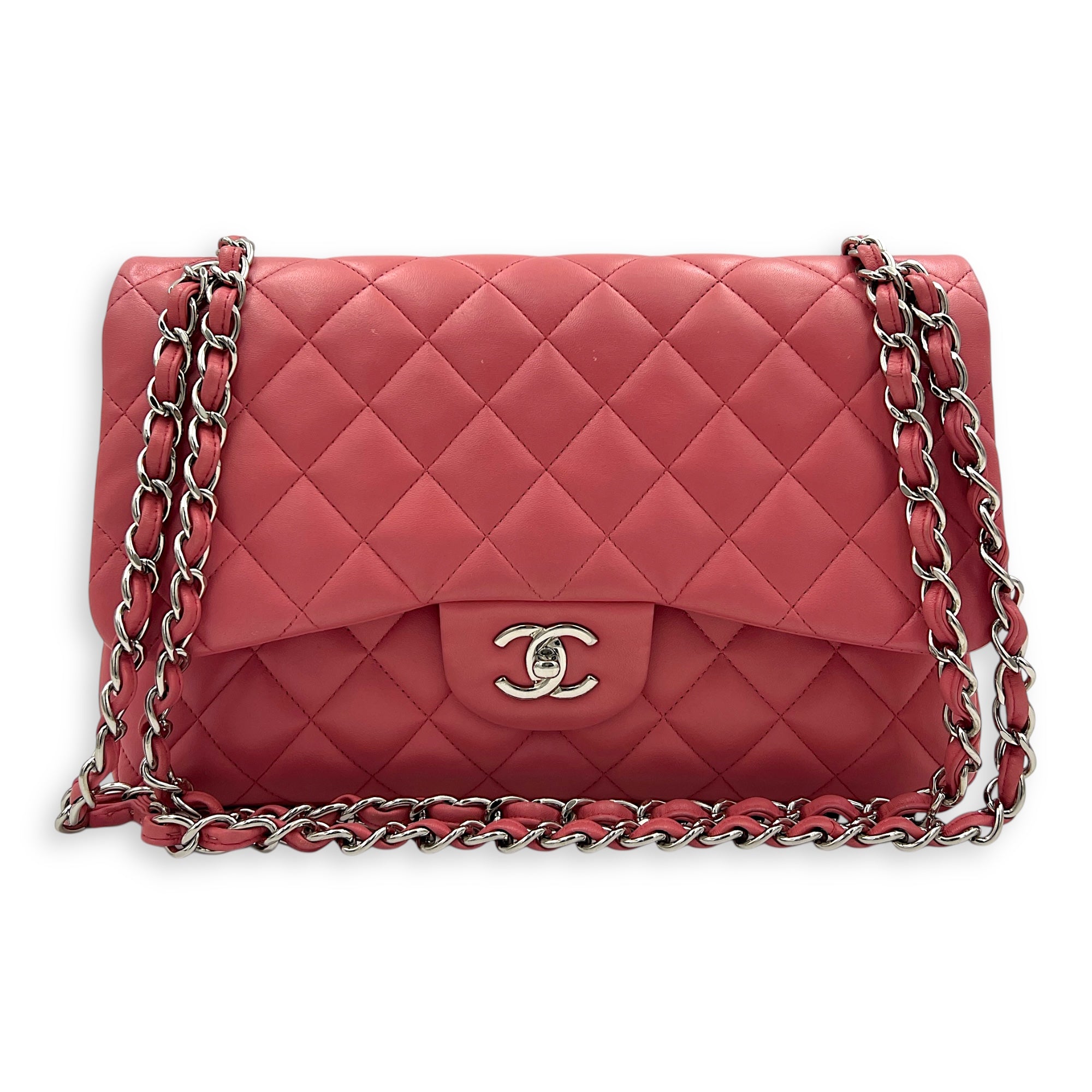 Classic Shoulder Bag Jumbo Pink in Lambskin, Silver hardware