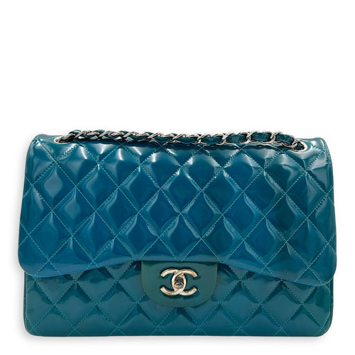 Classic flap Top Handle Bag Blue in Patent leather, Silver hardware