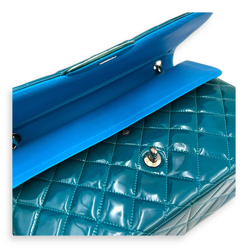 Classic flap Top Handle Bag Blue in Patent leather, Silver hardware