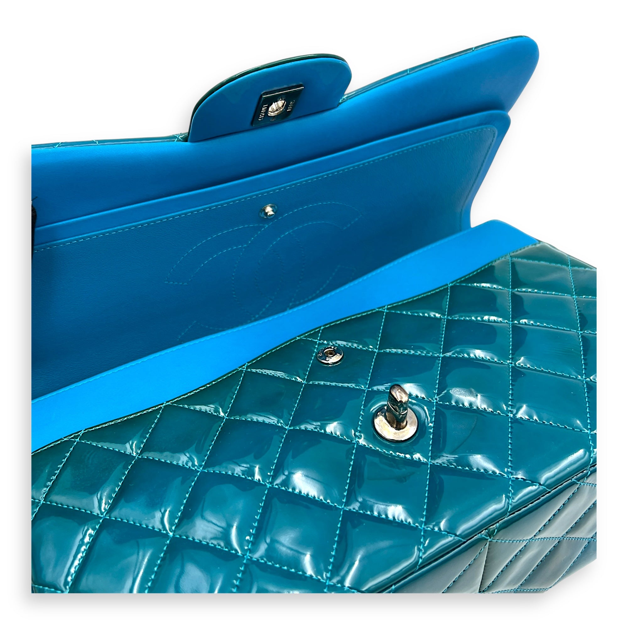 Classic flap Top Handle Bag Blue in Patent leather, Silver hardware