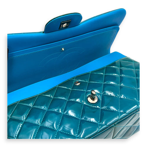 Classic flap Top Handle Bag Blue in Patent leather, Silver hardware
