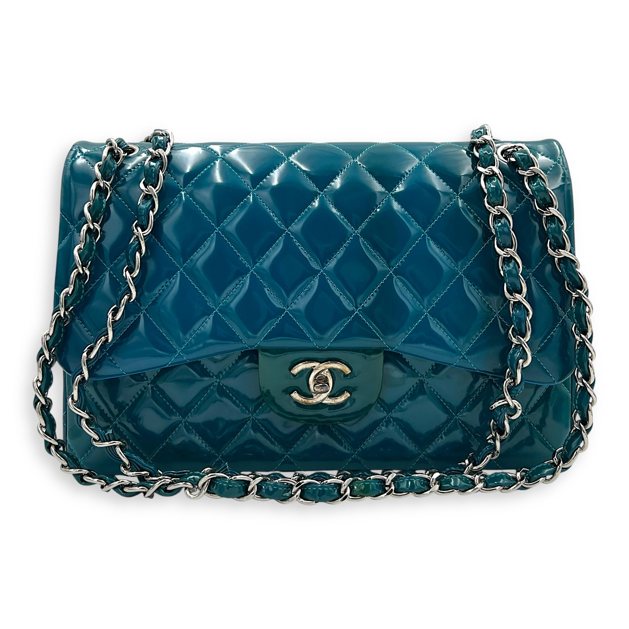 Classic flap Top Handle Bag Blue in Patent leather, Silver hardware