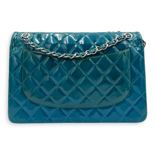 Classic flap Top Handle Bag Blue in Patent leather, Silver hardware