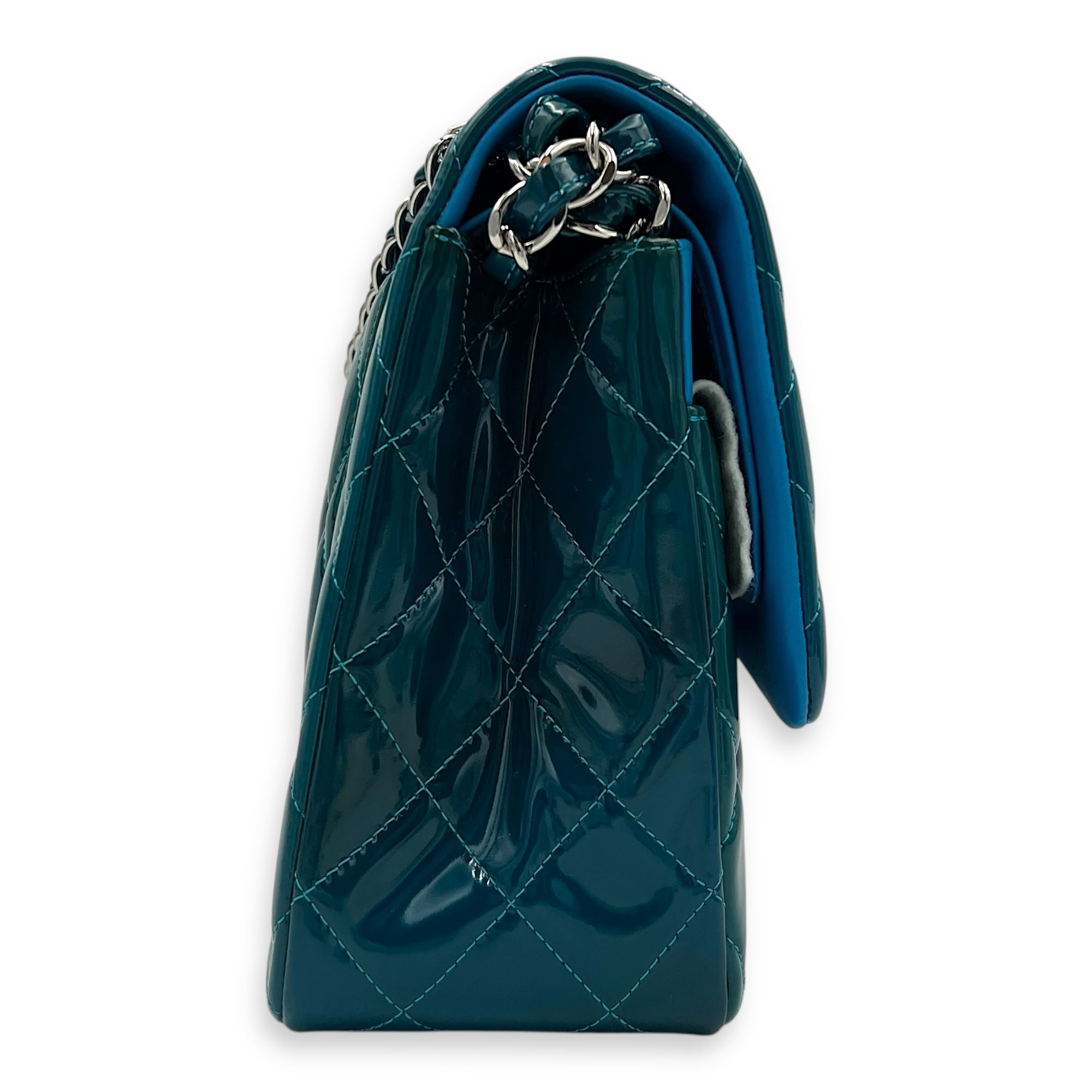 Classic flap Top Handle Bag Blue in Patent leather, Silver hardware