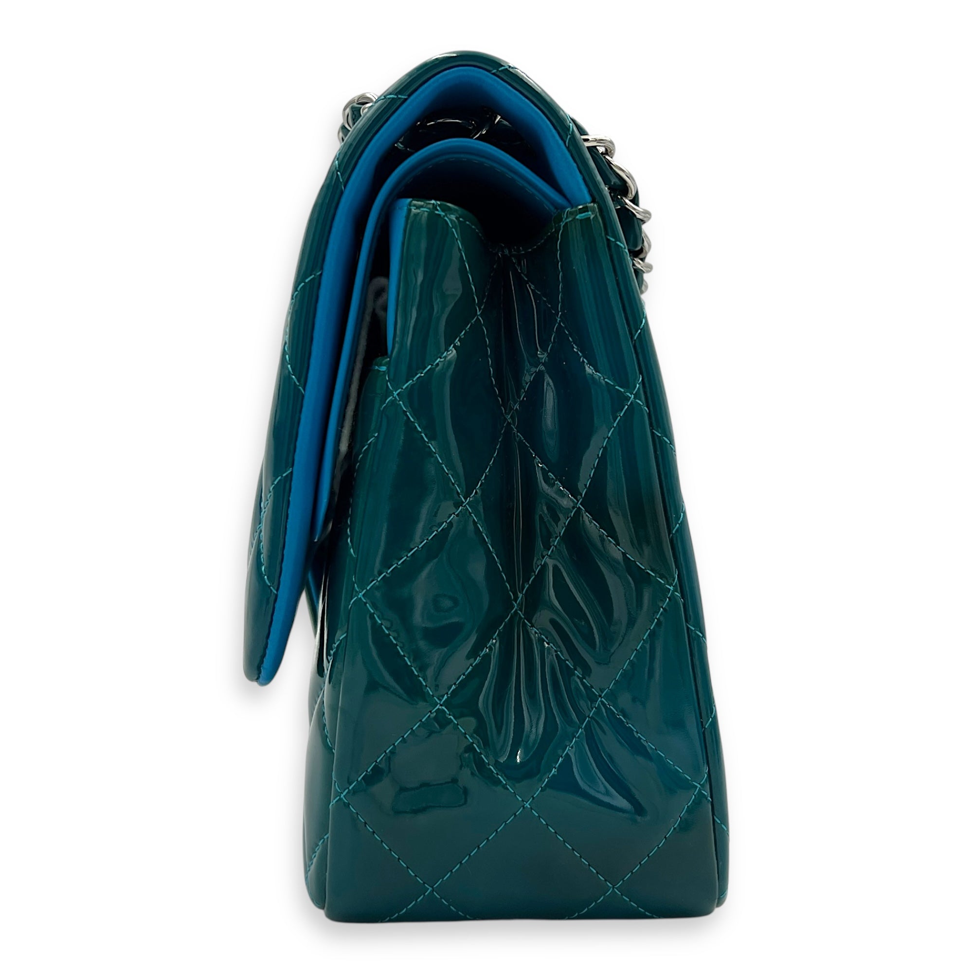 Classic flap Top Handle Bag Blue in Patent leather, Silver hardware